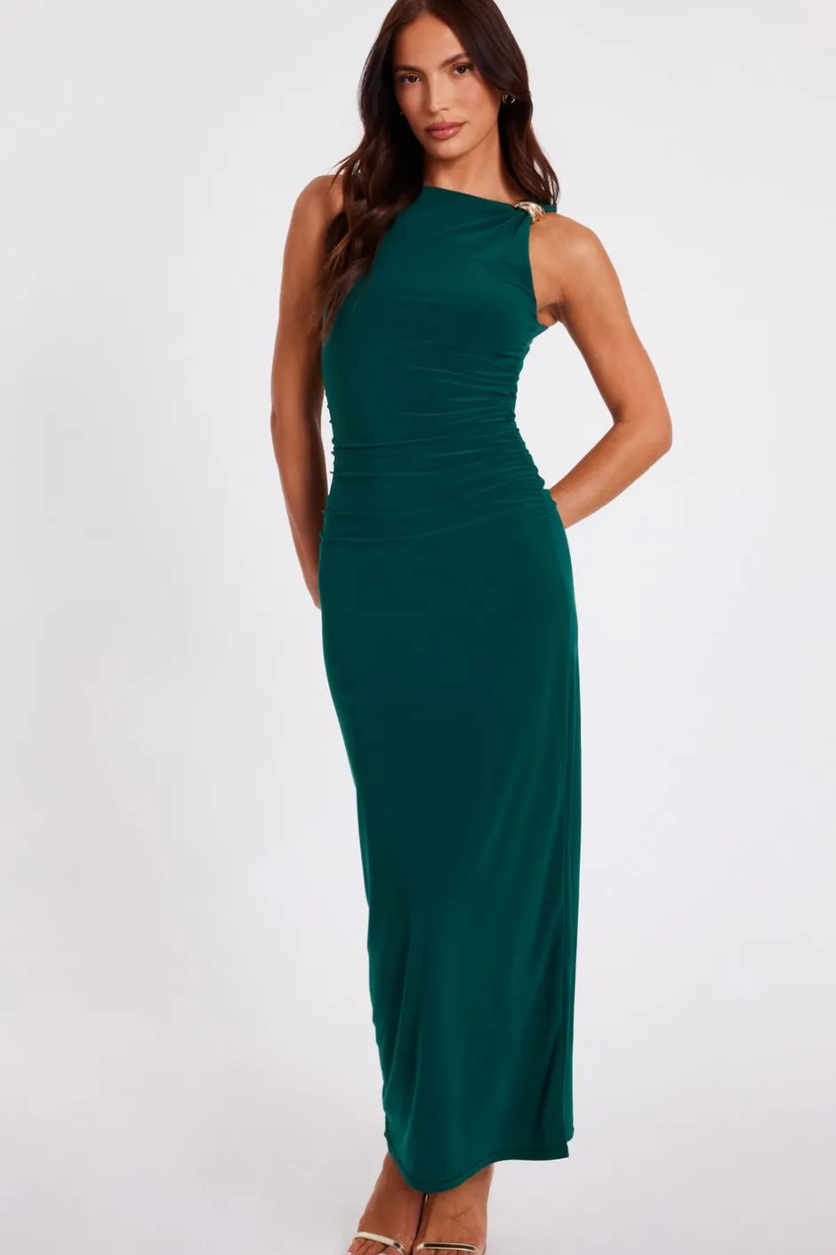 Quiz Gold Buckle Midaxi Dress Bottle Green Outlet