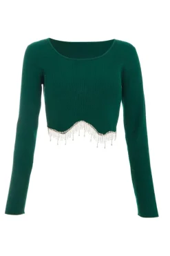Quiz Knit Diamante Crop Top Bottle Green Online