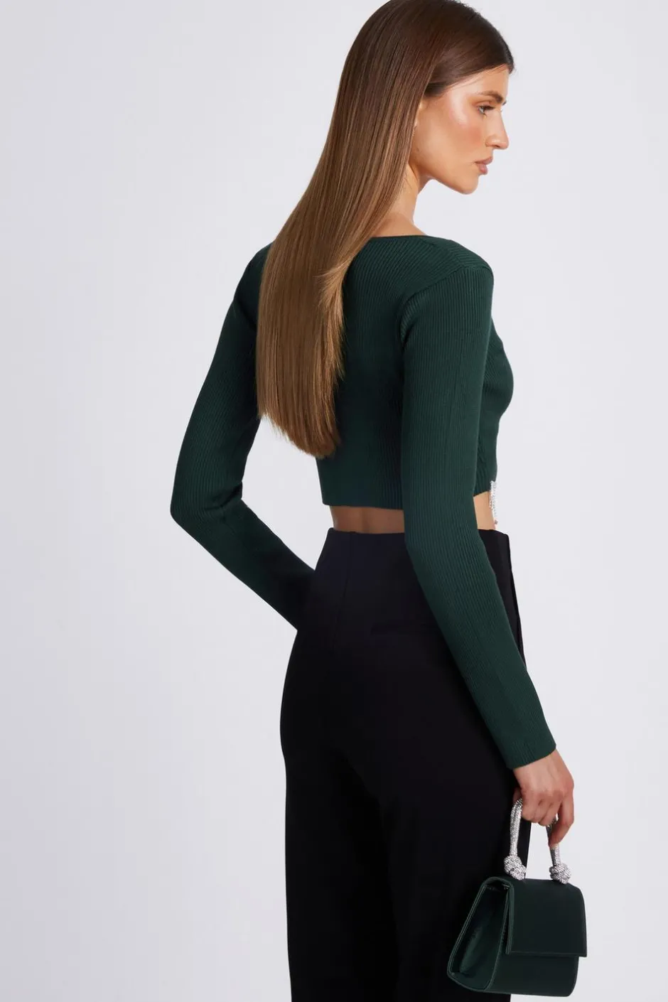 Quiz Knit Diamante Crop Top Bottle Green Online
