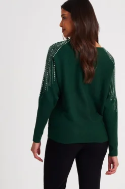 Quiz Knitted Diamante Jumper Bottle Green Clearance