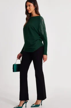 Quiz Knitted Diamante Jumper Bottle Green Clearance