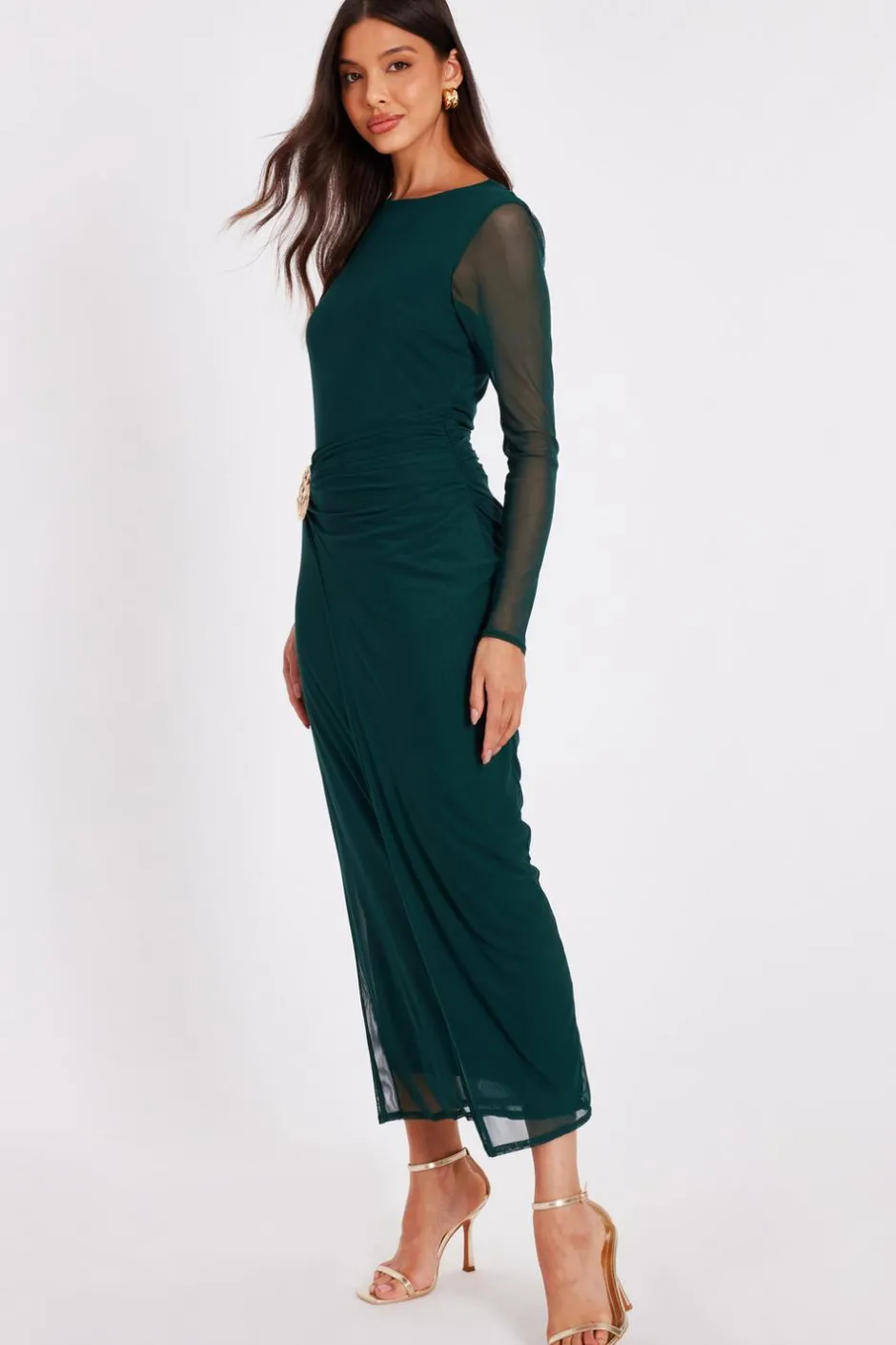 Quiz Mesh Buckle Midaxi Dress Bottle Green
