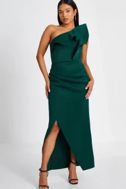 Quiz Bottle Green One Shoulder Maxi Dress Outlet