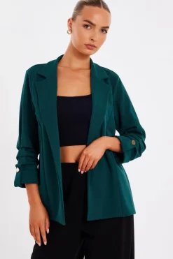 Quiz Ruched Sleeve Blazer Bottle Green Clearance