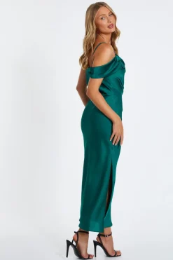 Quiz Satin Drop Shoulder Maxi Dress Bottle Green