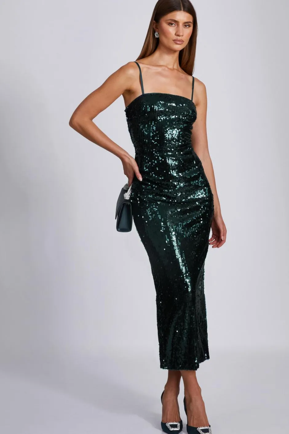 Quiz Bottle Green Sequin Midaxi Dress Clearance