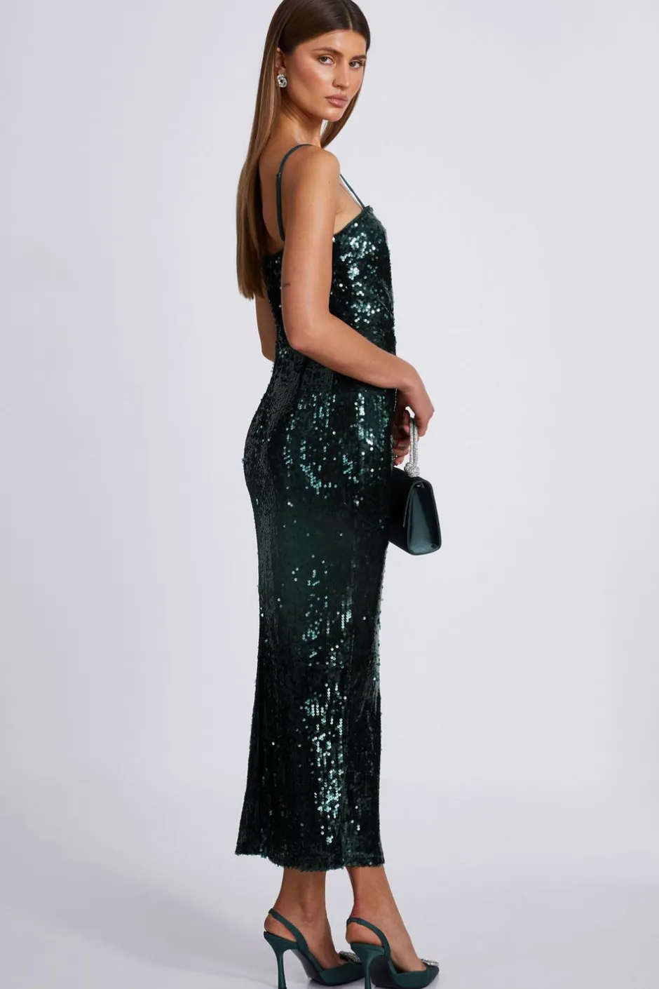Quiz Bottle Green Sequin Midaxi Dress Clearance