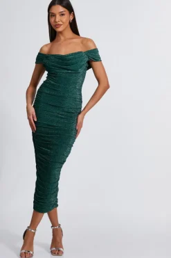 Quiz Bottle Green Shimmer Bardot Ruched Midi Dress Hot