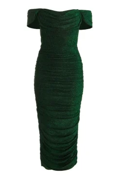 Quiz Bottle Green Shimmer Bardot Ruched Midi Dress Hot