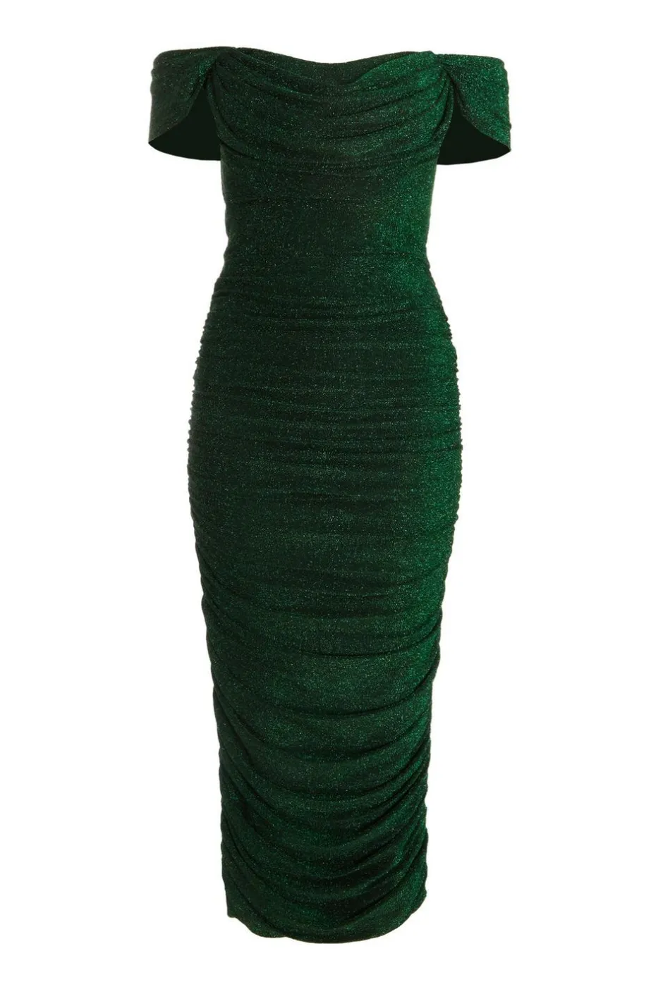 Quiz Bottle Green Shimmer Bardot Ruched Midi Dress Hot