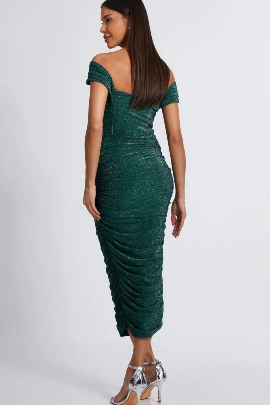 Quiz Bottle Green Shimmer Bardot Ruched Midi Dress Hot