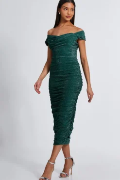 Quiz Bottle Green Shimmer Bardot Ruched Midi Dress Hot