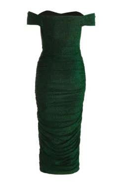 Quiz Bottle Green Shimmer Bardot Ruched Midi Dress Hot