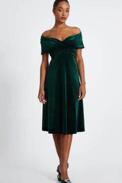 Quiz Bottle Green Velvet Bardot Midi Dress Hot