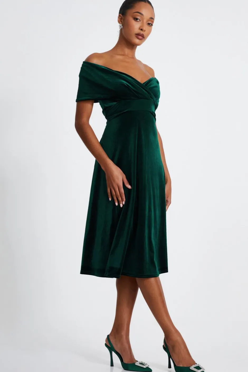Quiz Bottle Green Velvet Bardot Midi Dress Hot