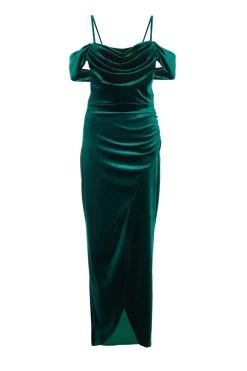 Quiz Bottle Green Velvet Cowl Neck Maxi Dress New