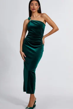 Quiz Velvet One Shoulder Midaxi Dress Bottle Green Clearance