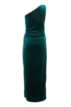 Quiz Velvet One Shoulder Midaxi Dress Bottle Green Clearance