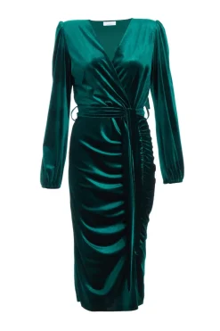 Quiz Bottle Green Velvet Ruched Midi Dress Sale