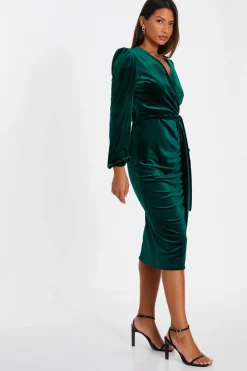 Quiz Bottle Green Velvet Ruched Midi Dress Sale