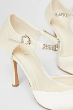 Quiz Bridal White Satin Diamante Court Heels Outlet
