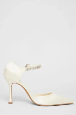 Quiz Bridal White Satin Diamante Court Heels Outlet