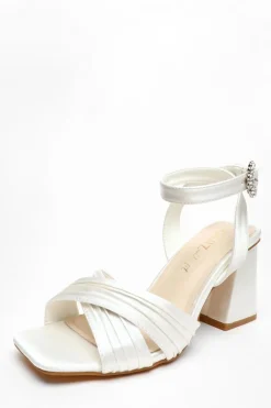 Quiz Bridal Wide Fit White Satin Block Heel Sandals Online