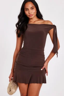 Quiz Asymmetric Mini Dress Brown New