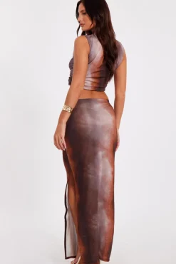 Quiz Brown Asymmetric Tie Dye Crop Top Discount