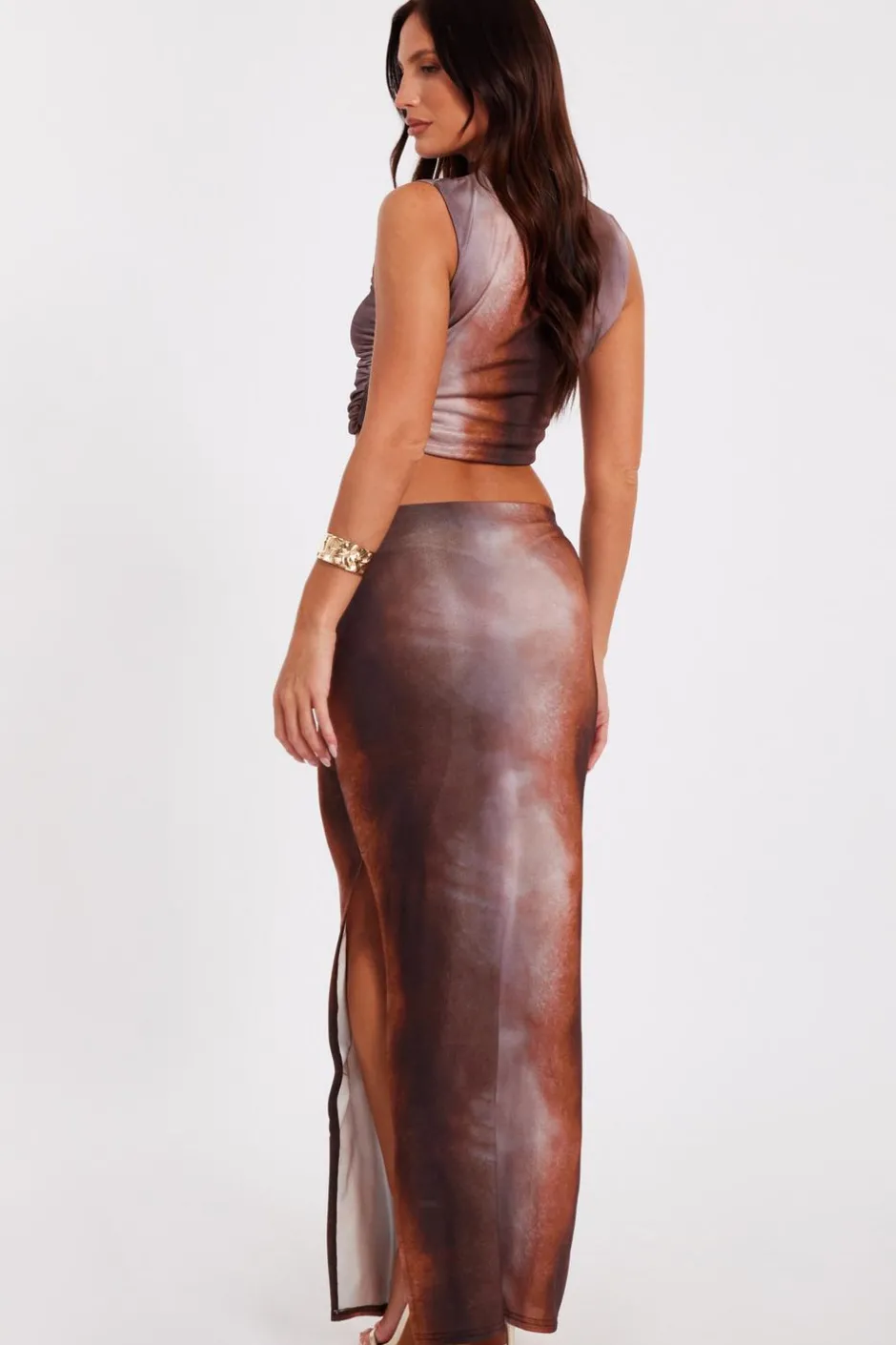 Quiz Brown Asymmetric Tie Dye Crop Top Discount