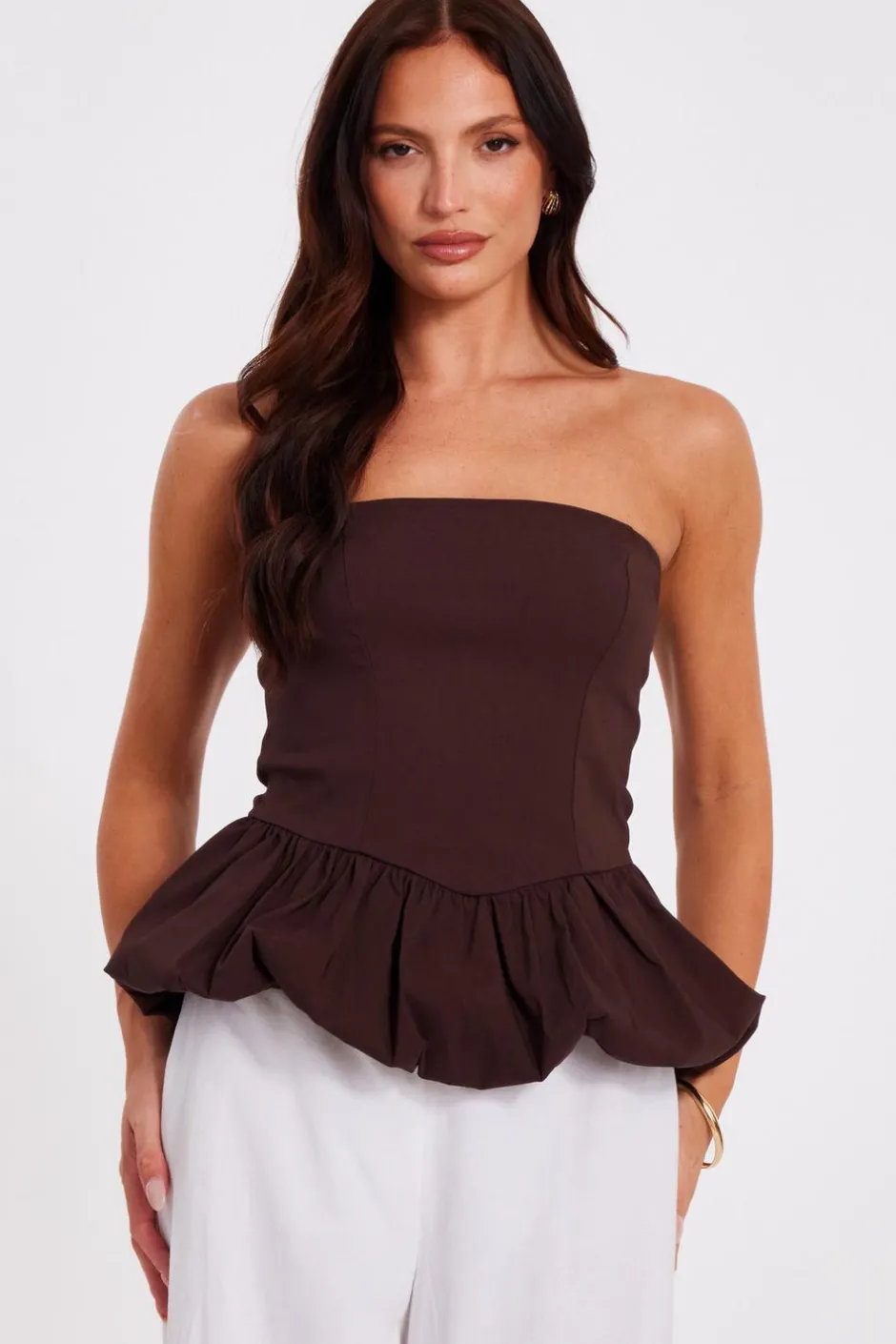 Quiz Brown Bandeau Bubble Hem Top Sale