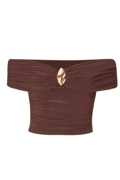Quiz Bardot Crop Top Brown Sale
