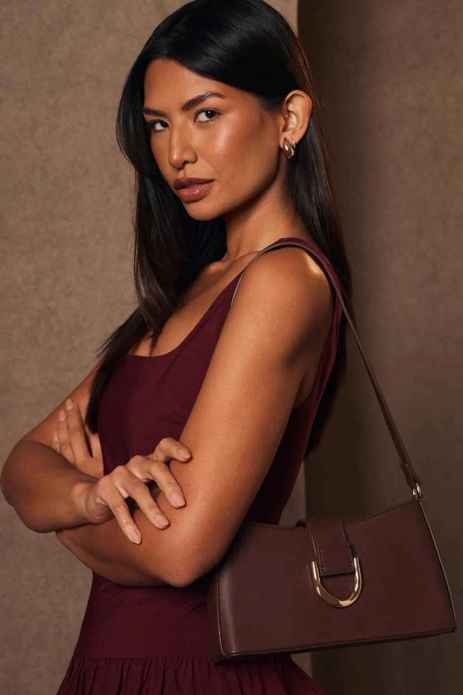Quiz Buckle Detail Shoulder Bag Brown Hot