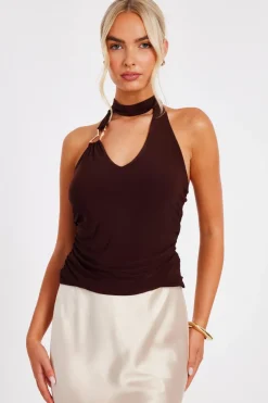 Quiz Brown Buckle Halter Neck Top Online