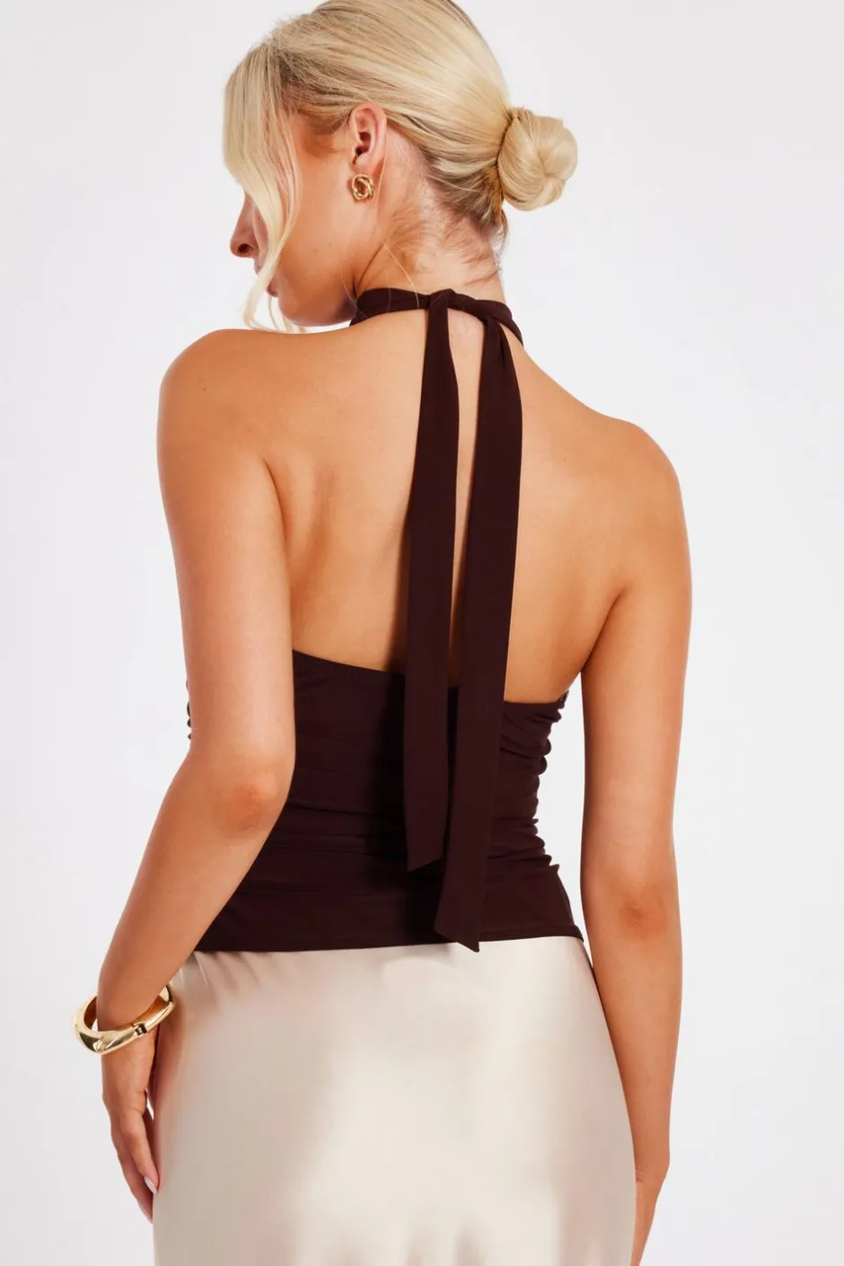 Quiz Brown Buckle Halter Neck Top Online