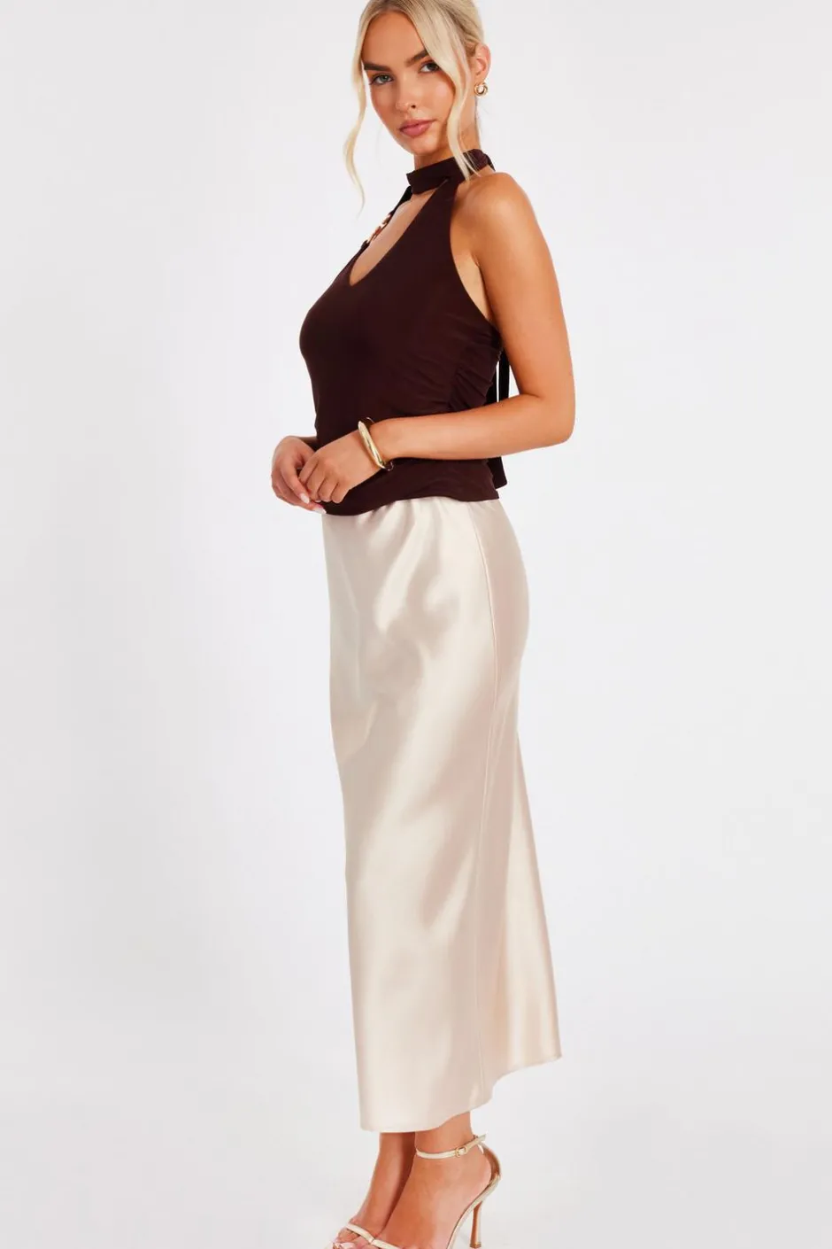 Quiz Brown Buckle Halter Neck Top Online