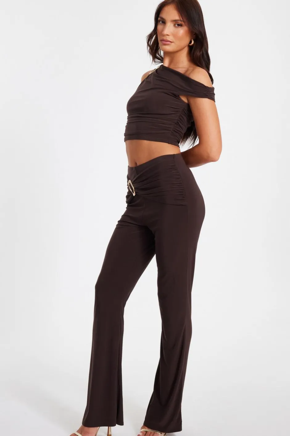 Quiz Buckle One Shoulder Top Brown New