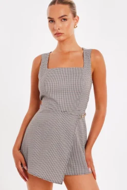 Quiz Brown Checked Playsuit