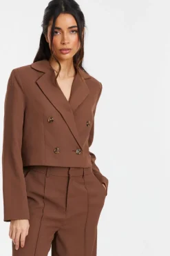 Quiz Cropped Tailored Blazer Brown Hot