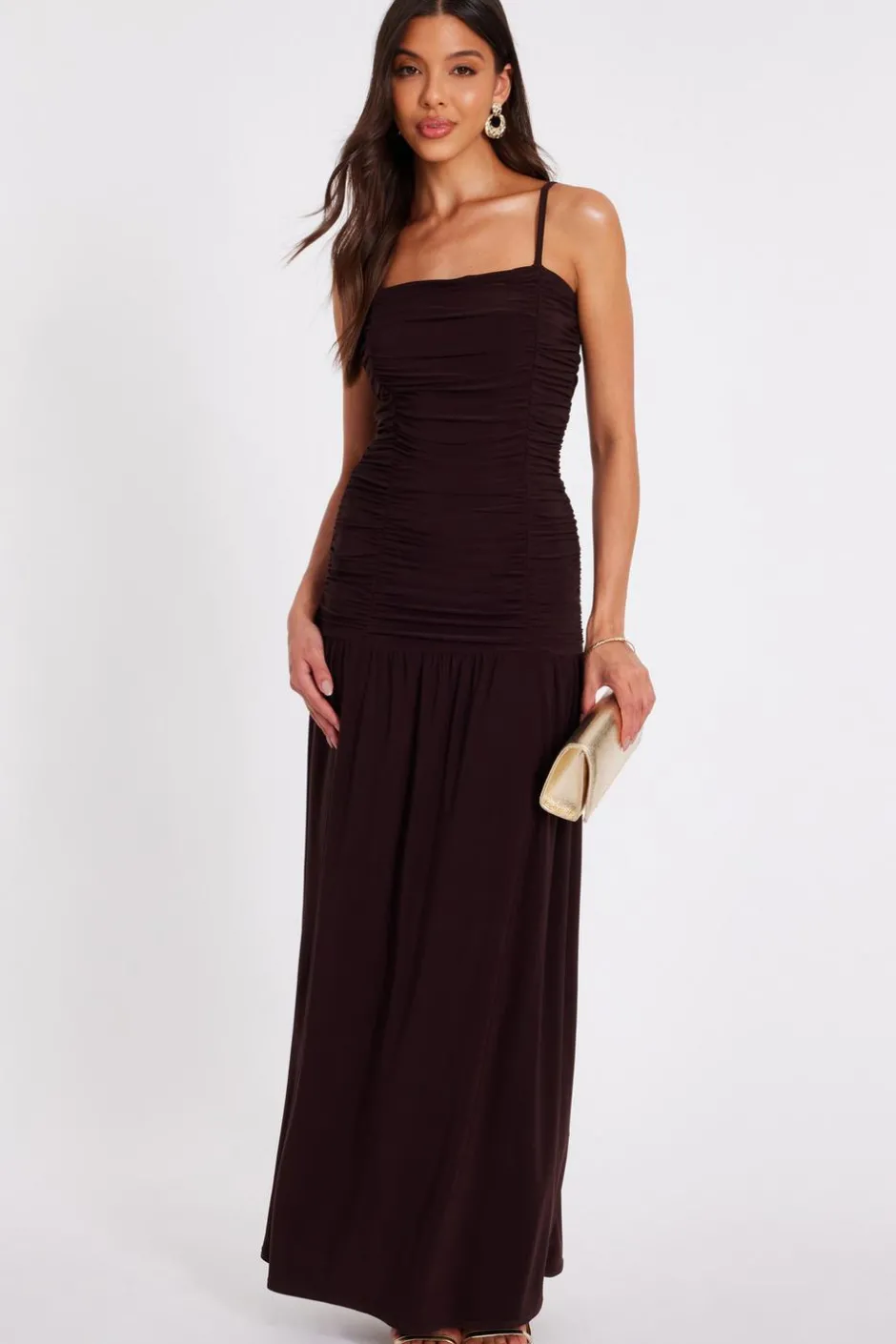 Quiz Brown Drop Waist Maxi Dress Outlet