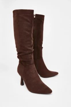 Quiz Brown Faux Suede Heeled Boots New