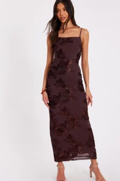 Quiz Brown Floral Applique Midaxi Dress New