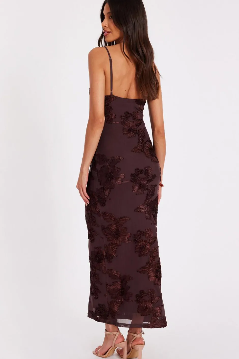 Quiz Brown Floral Applique Midaxi Dress New