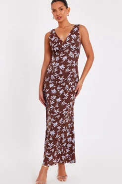 Quiz Brown Floral Midaxi Dress Clearance