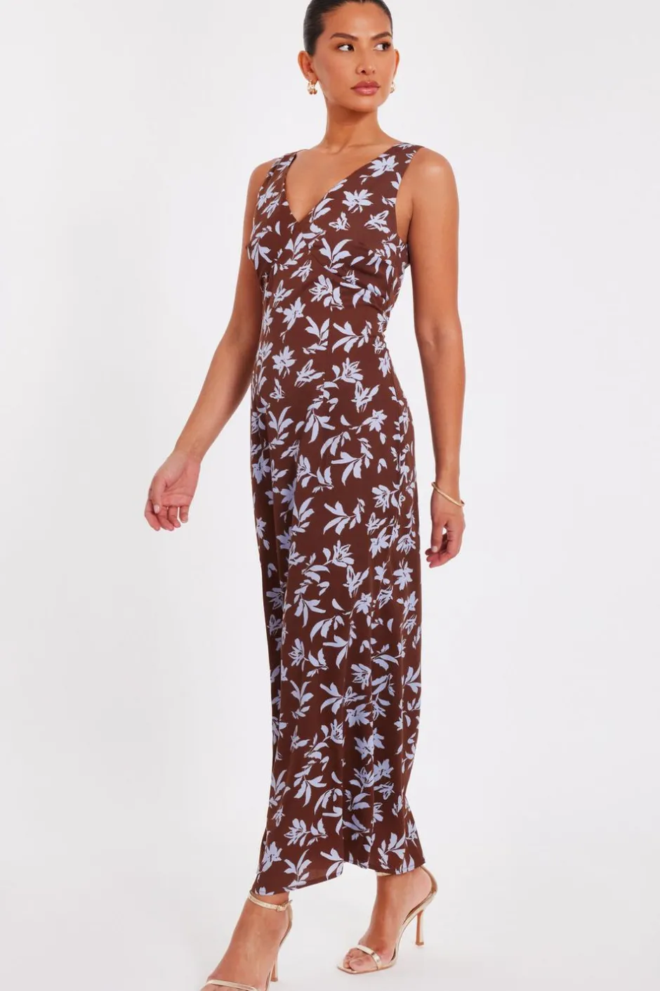 Quiz Brown Floral Midaxi Dress Clearance