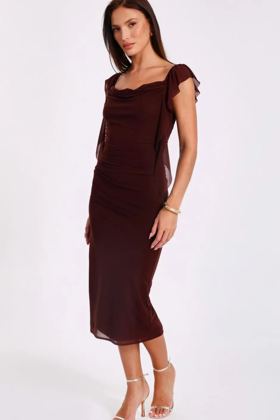 Quiz Frill Midi Dress Brown