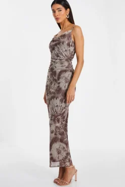 Quiz Brown Glitter Mesh Midaxi Dress