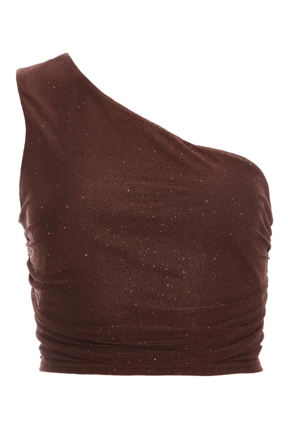 Quiz Brown Glitter Mesh One Shoulder Crop Top Clearance
