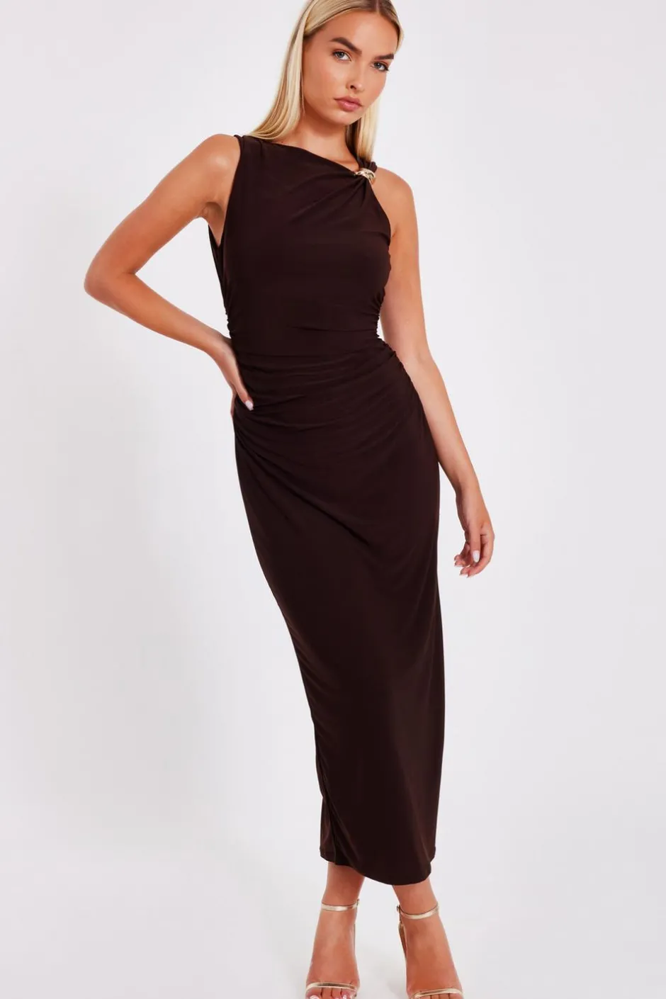 Quiz Gold Buckle Midaxi Dress Brown New