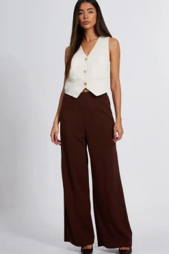 Quiz High Waist Wide Leg Trousers Brown Outlet